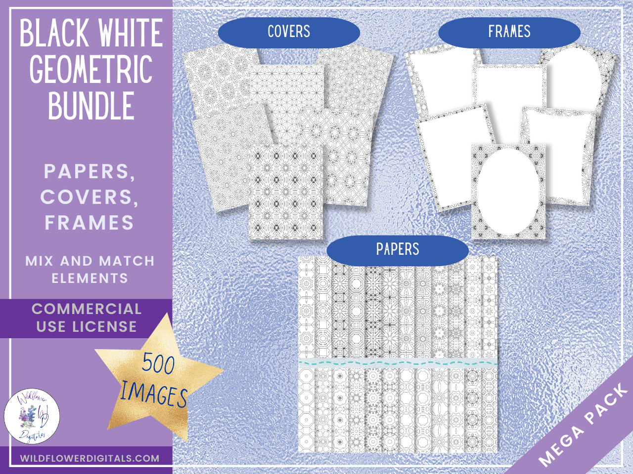 mockup of black and white geometric digital papers covers and frames bundle mix and match papers