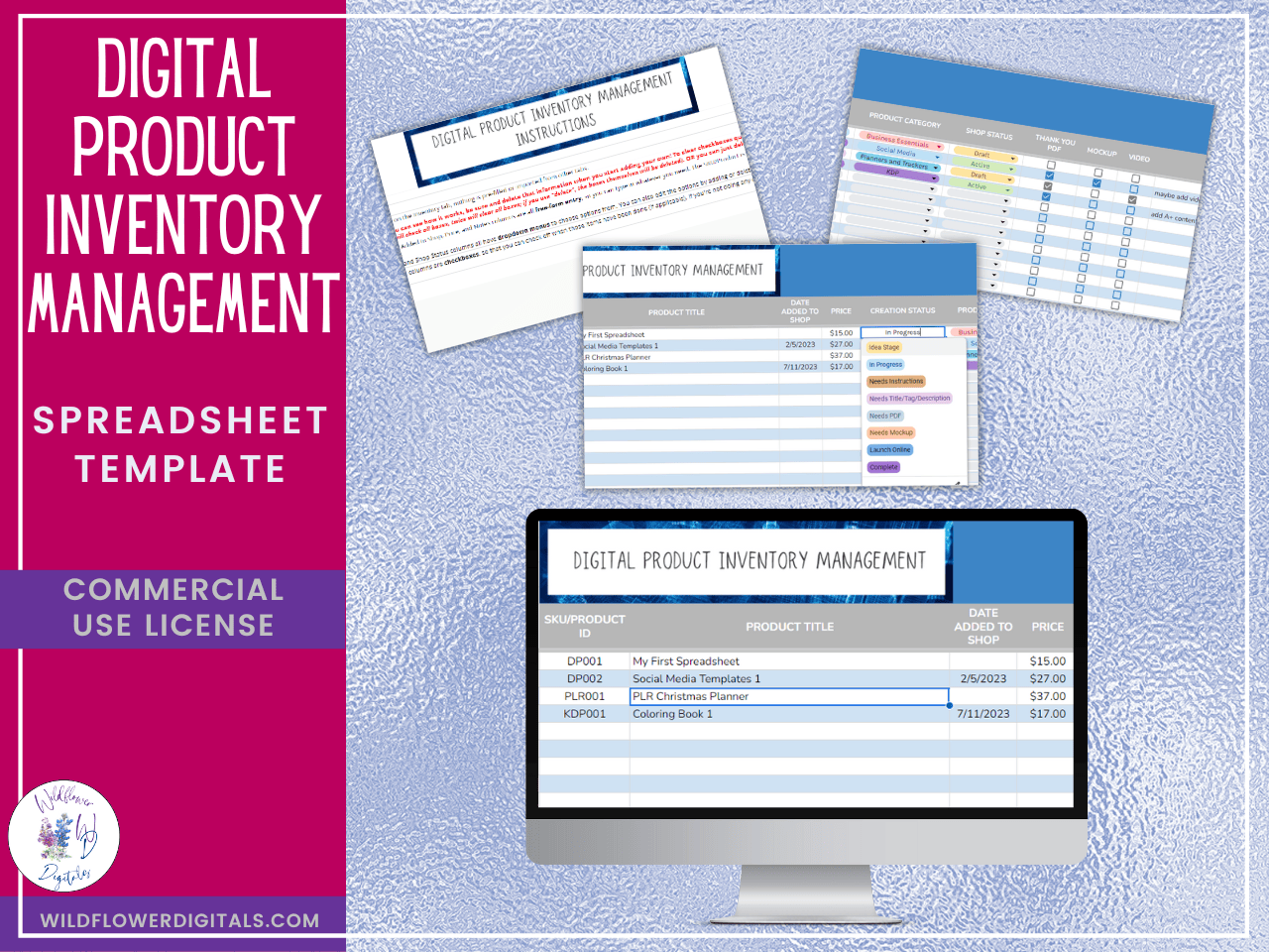 mockup of digital product inventory management google sheets spreadsheet template