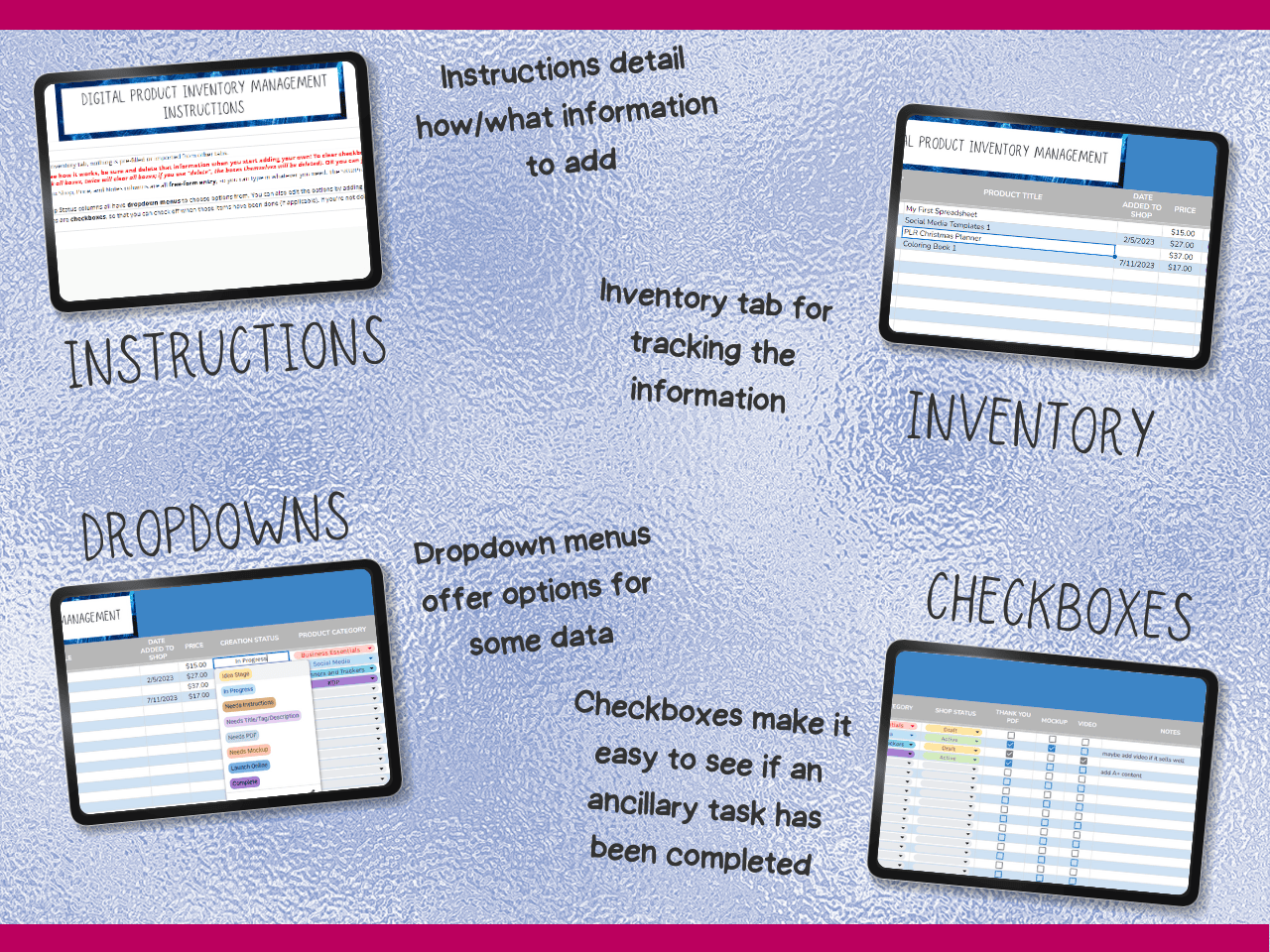 mockup of digital product inventory management google sheets spreadsheet template