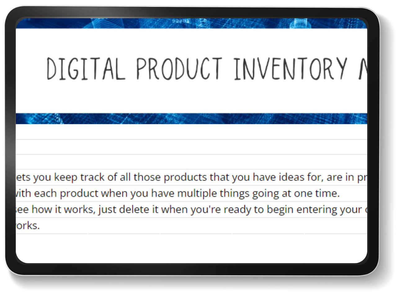 mockup of digital product inventory management google sheets spreadsheet template