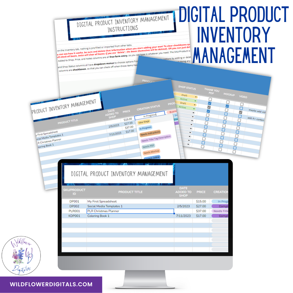 mockup of digital product inventory management google sheets spreadsheet template