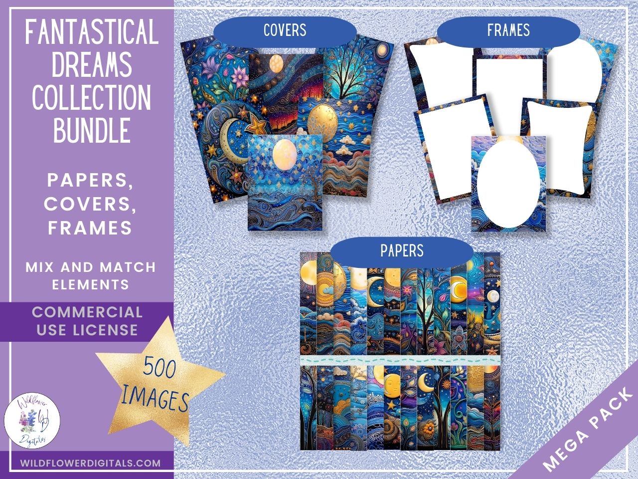 mockup of fantastical dreams digital papers covers frames set mix and match stationery designs