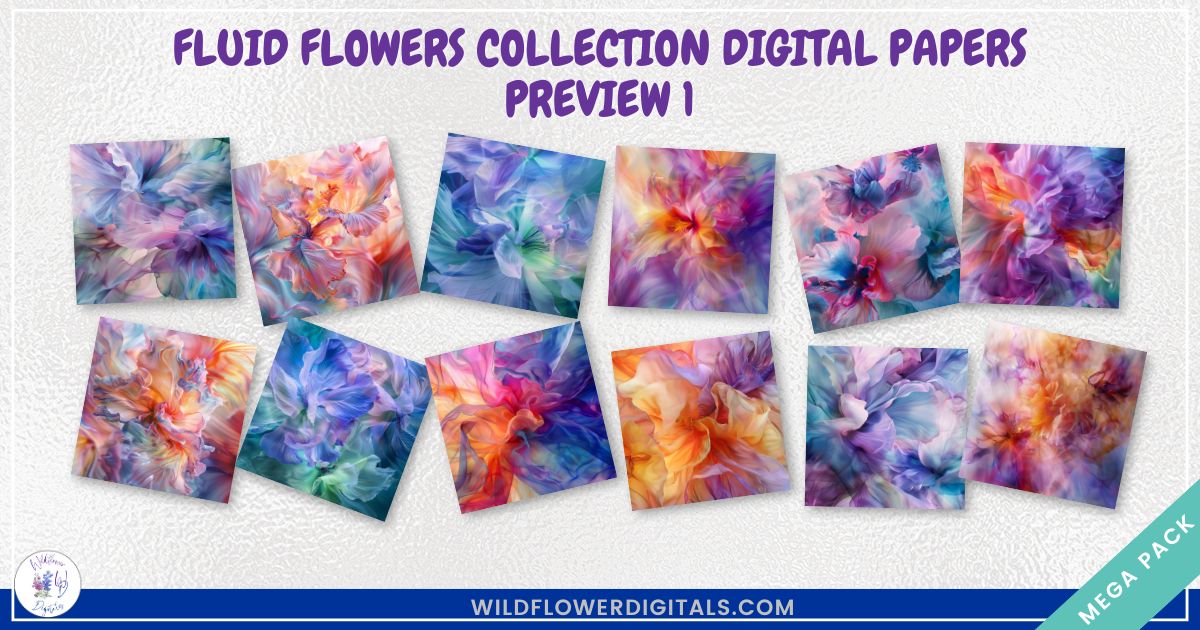 mockup of fluid flowers digital papers covers frames set mix and match stationery designs