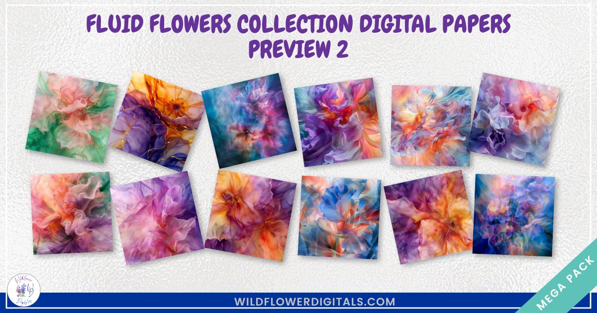 mockup of fluid flowers digital papers covers frames set mix and match stationery designs