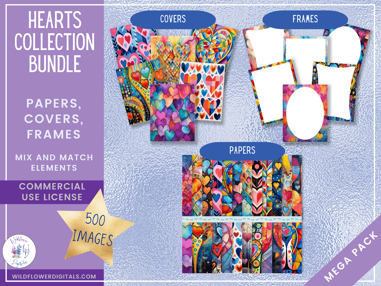 mockup of hearts collection bundle digital papers covers frames mix and match papers