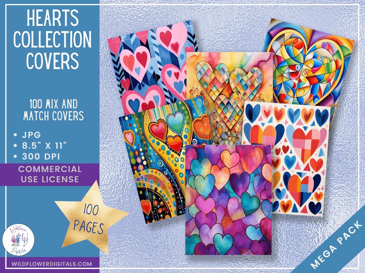 mockup of hearts collection bundle digital papers covers frames mix and match papers