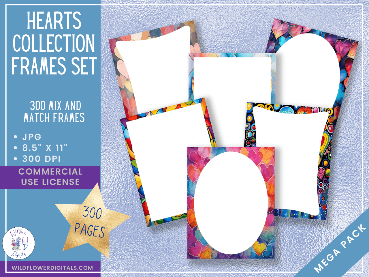 mockup of hearts collection bundle digital papers covers frames mix and match papers