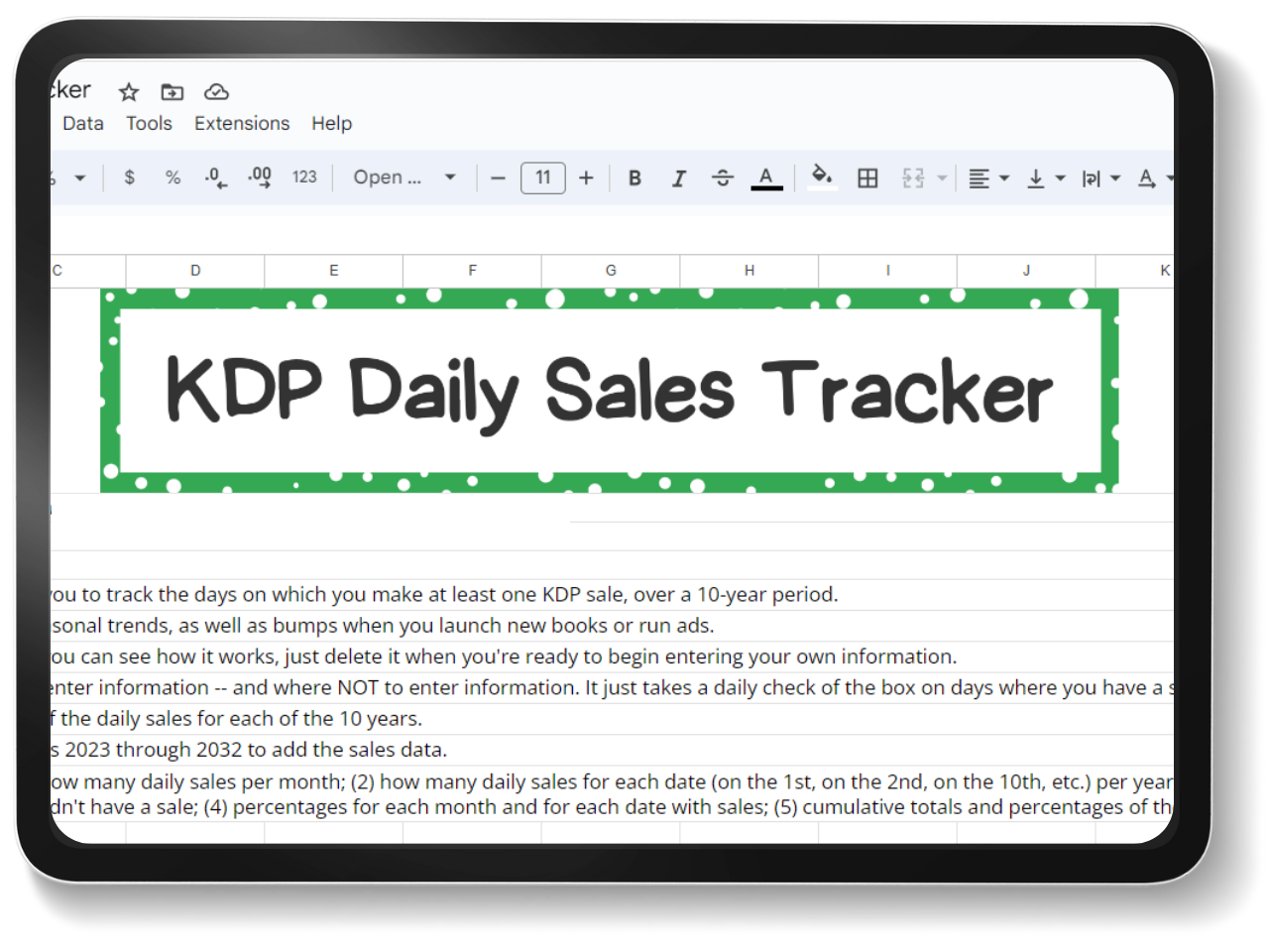 mockup of kdp daily sales tracker google sheets spreadsheet template