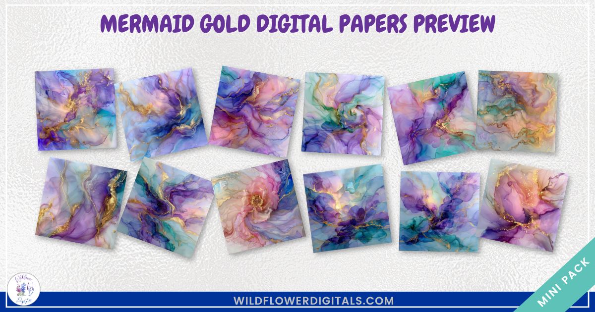 mockup of mermaid gold digital papers mix and match papers