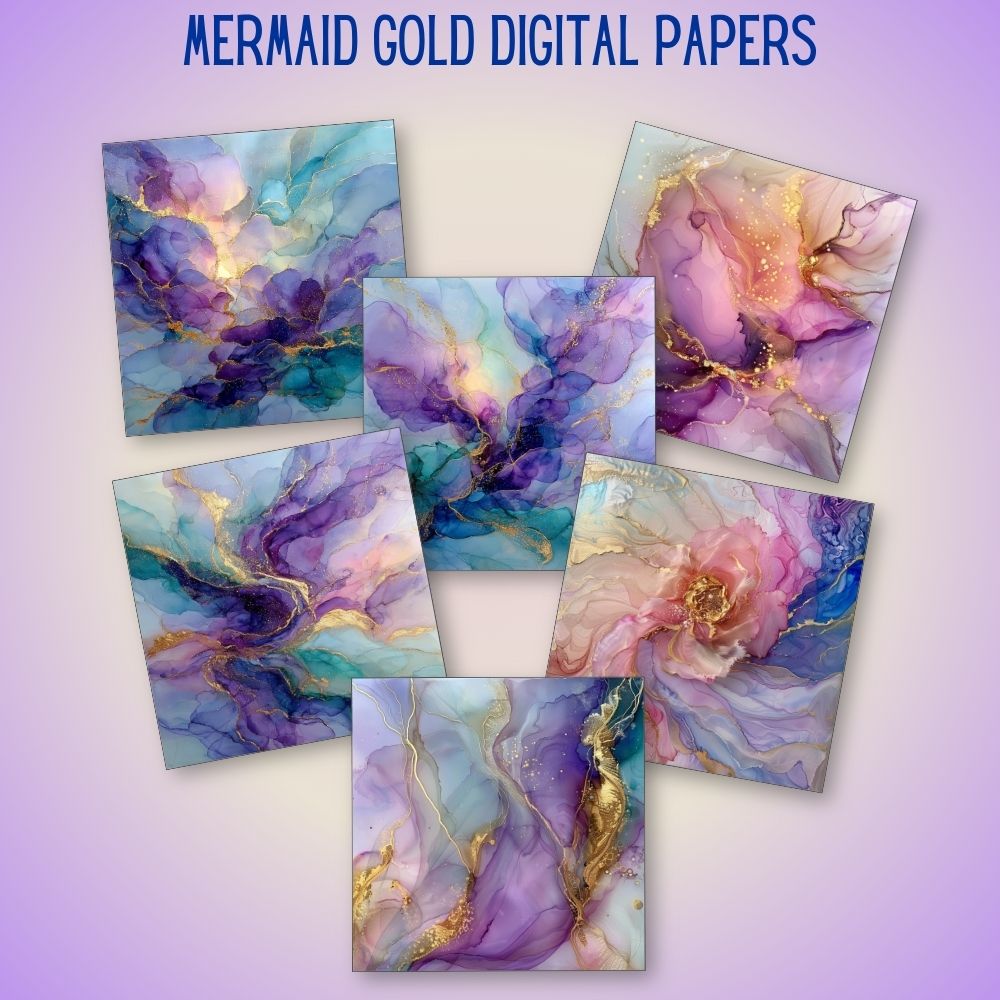 mockup of mermaid gold digital papers mix and match papers