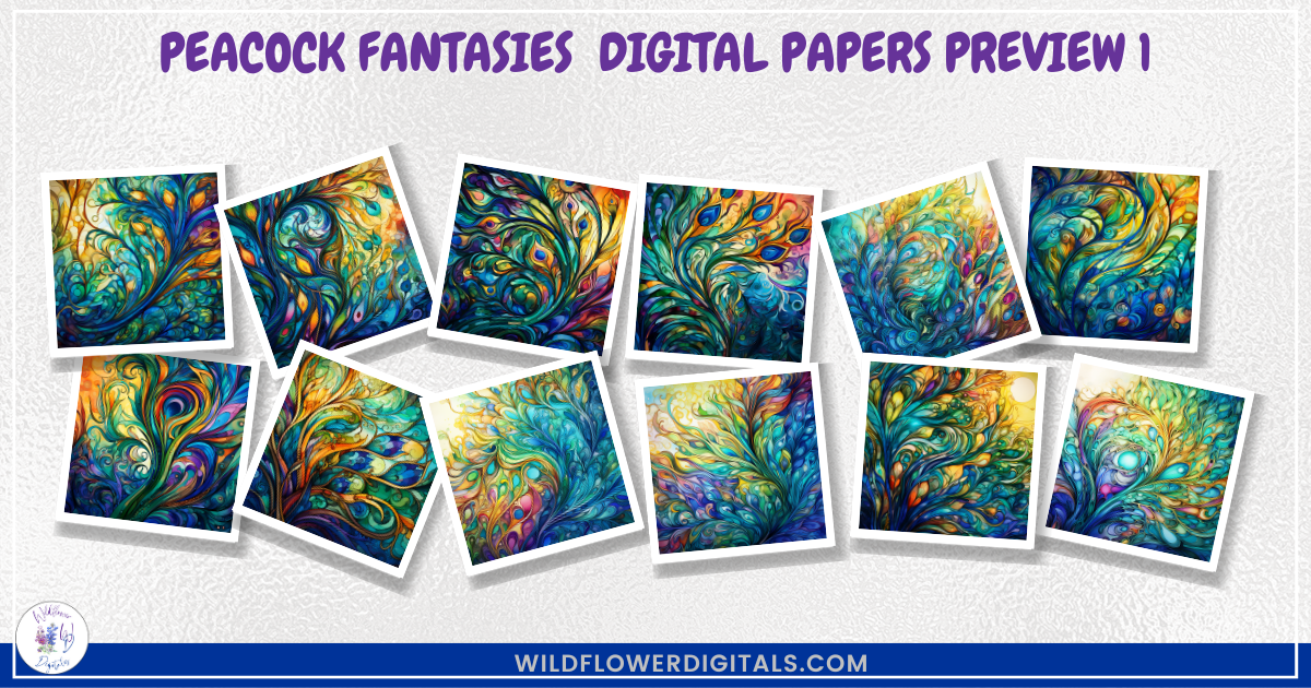 mockup of peacock fantasies digital papers mix and match papers