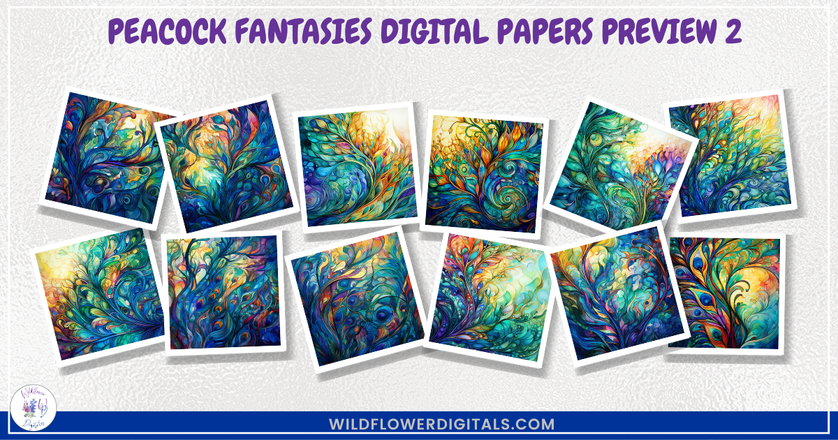 mockup of peacock fantasies digital papers mix and match papers