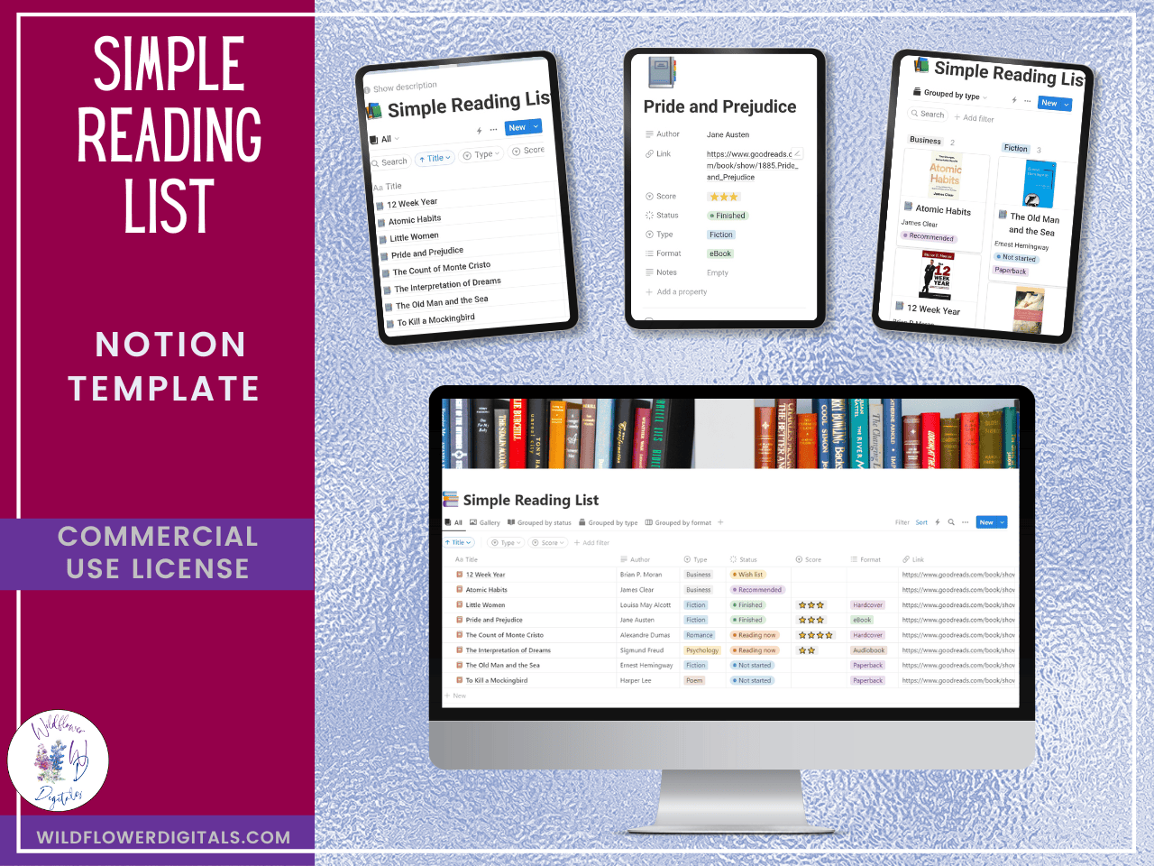 mockup of simple reading list notion template