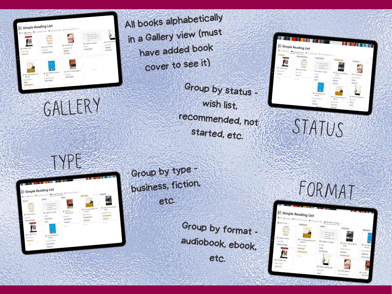 mockup of simple reading list notion template