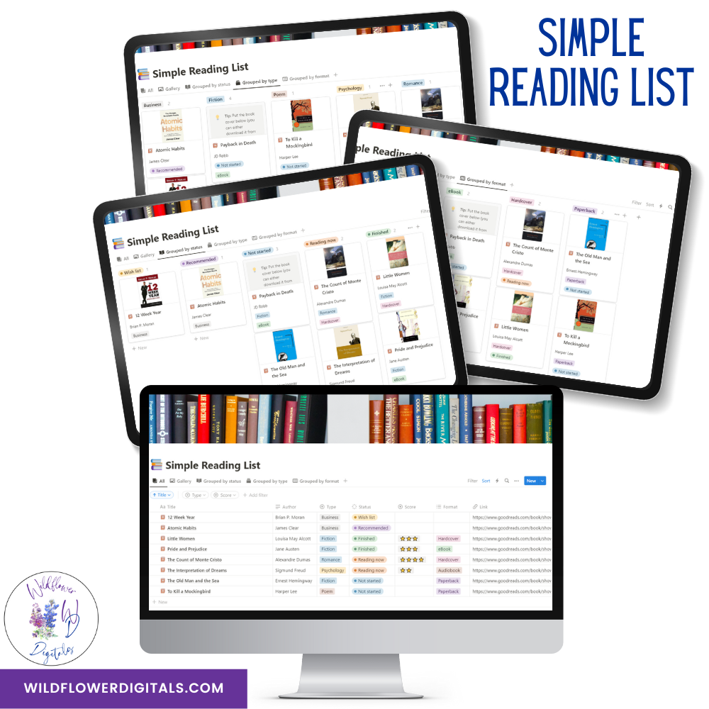 mockup of simple reading list notion template