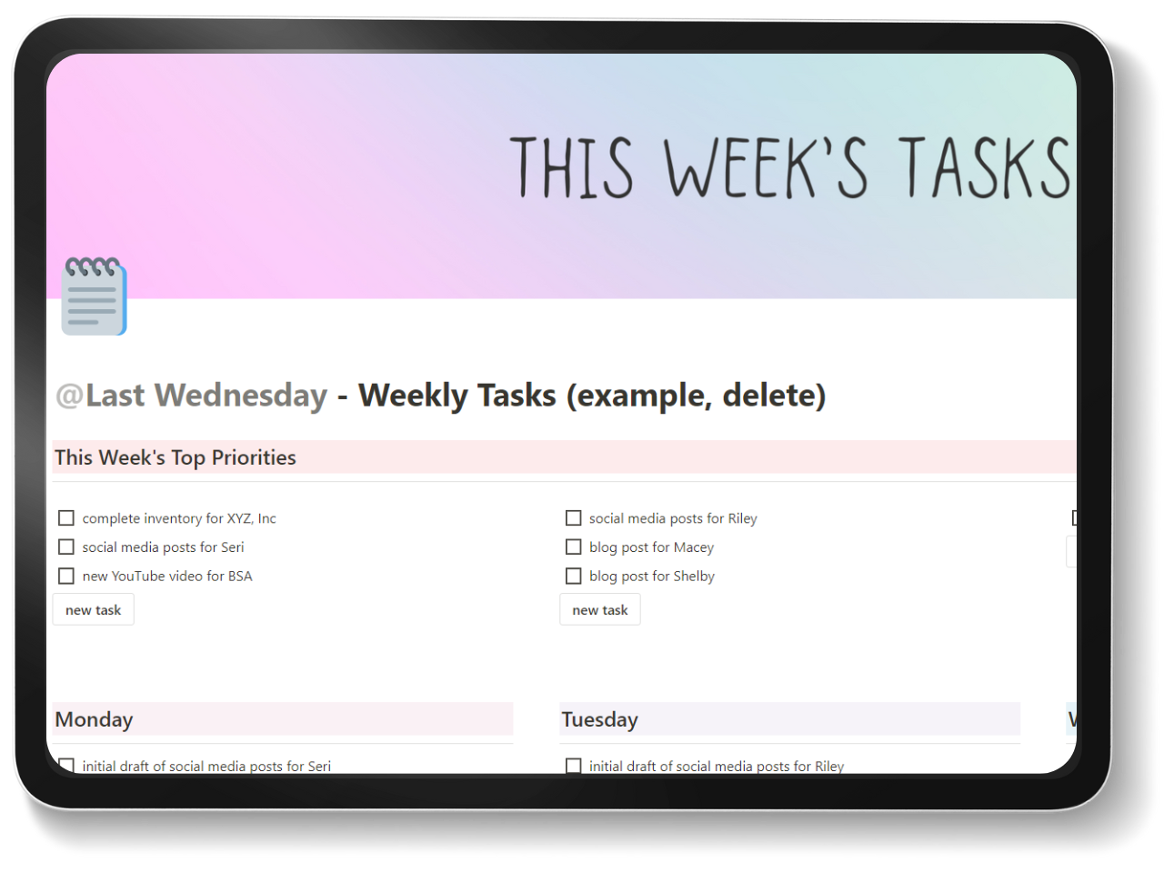 mockup of weekly planner notion template