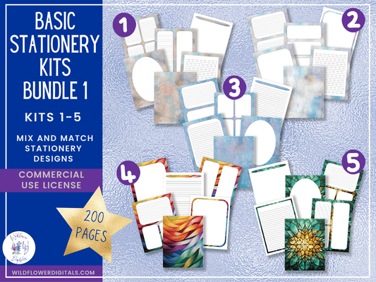 mockup of bundle for basic stationery kits 1-5 mix and match stationery designs
