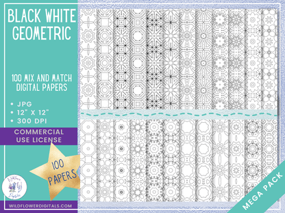 mockup of black and white geometric digital papers mix and match papers
