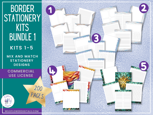 mockup of bundle for border stationery kits 1-5 mix and match stationery designs