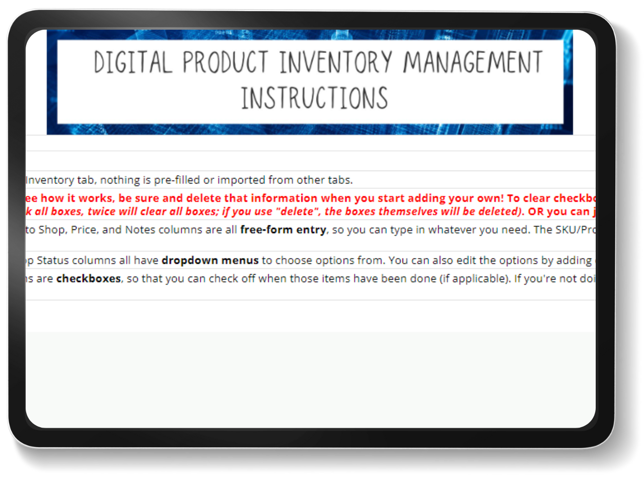 mockup of digital product inventory management google sheets spreadsheet template