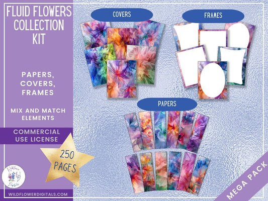 mockup of fluid flowers digital papers covers frames set mix and match stationery designs
