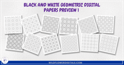 preview mockup of black and white geometric digital papers mix and match papers