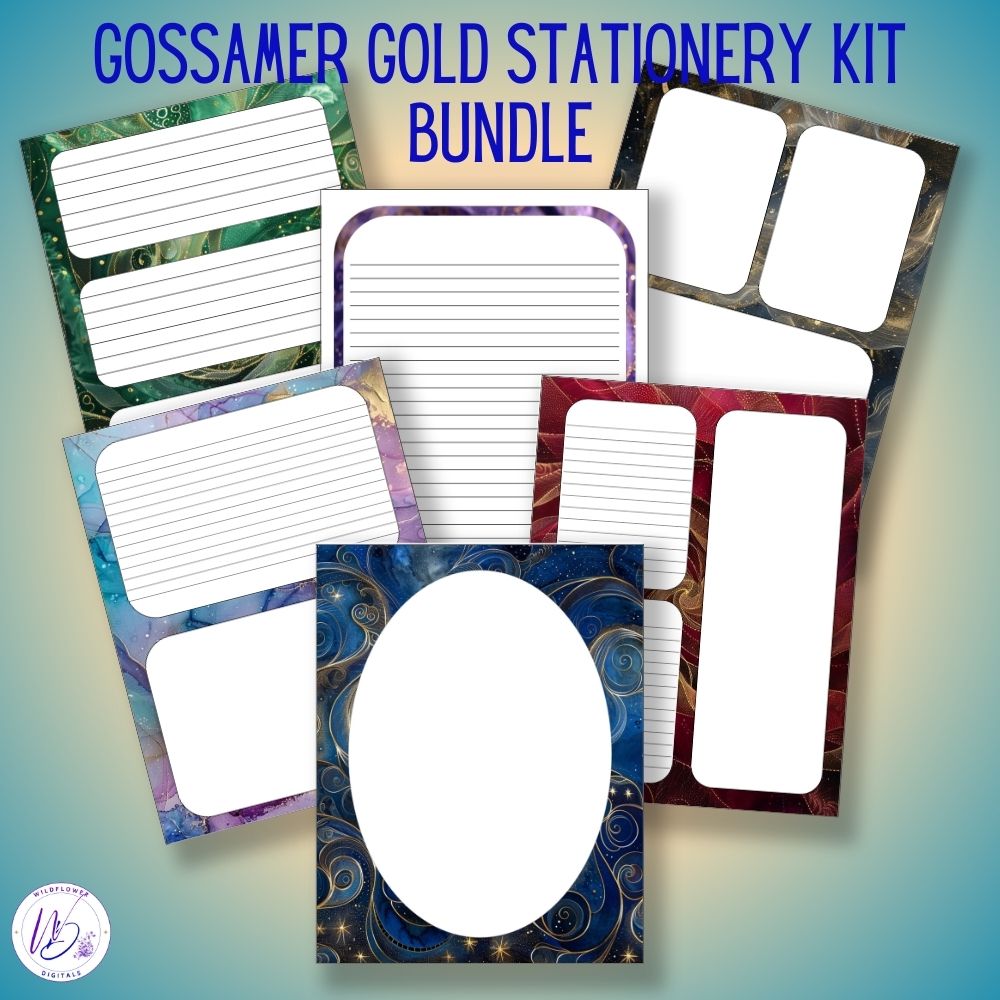 mockup of gossamer gold stationery kit mix and match stationery designs