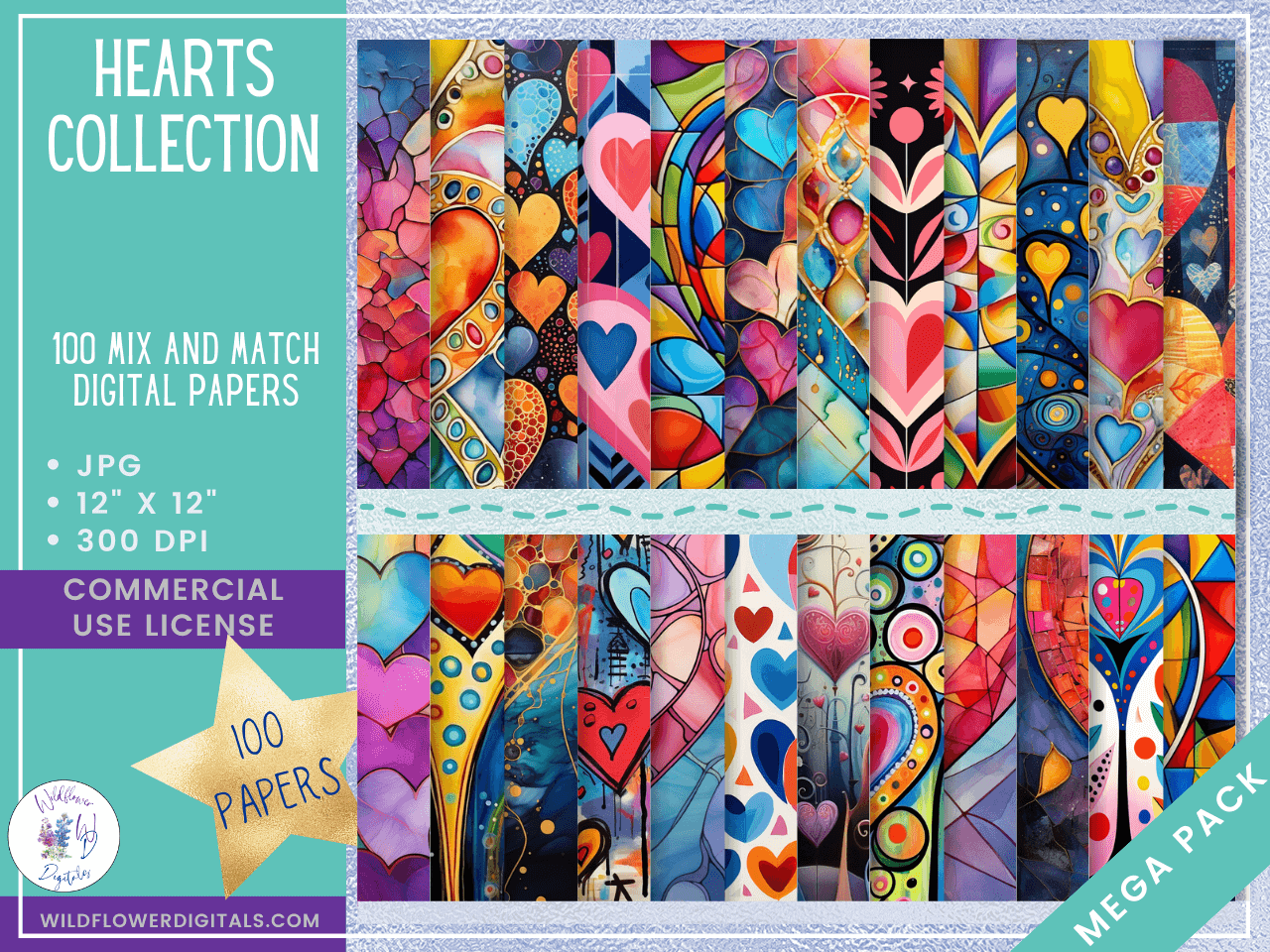 mockup of hearts collection bundle digital papers covers frames mix and match papers