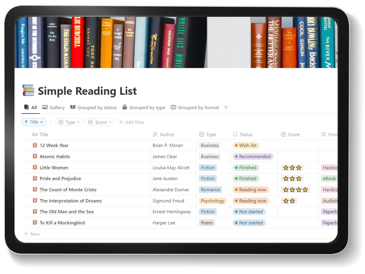 mockup of simple reading list notion template