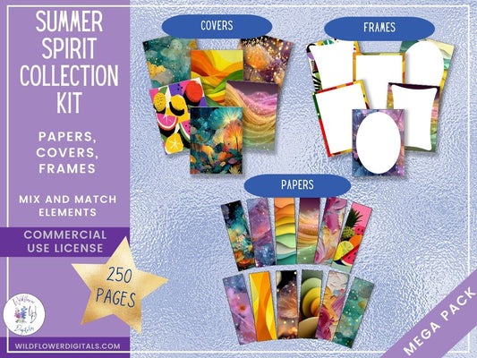mockup of summer spirit digital papers covers frames set mix and match stationery designs