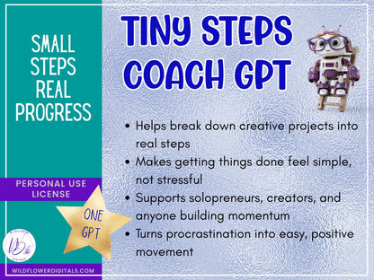 mockup of tiny steps coach gpt business coaching goals productivity