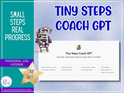mockup of tiny steps coach gpt business coaching goals productivity